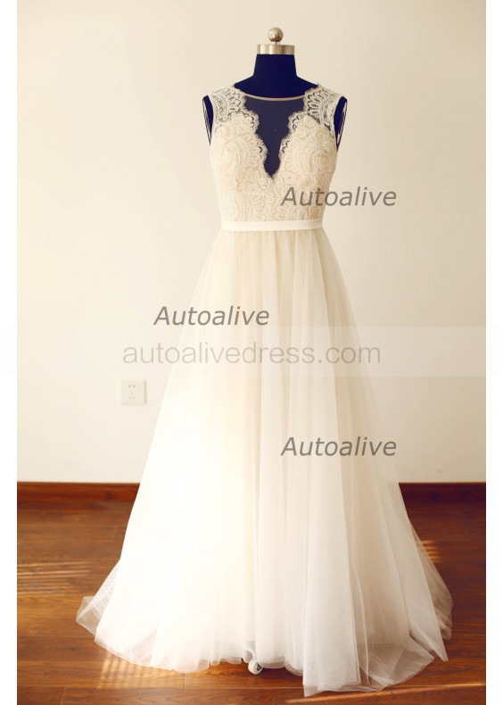 Ivory Lace Champagne Lining Pearls Back Bridesmaid Dress